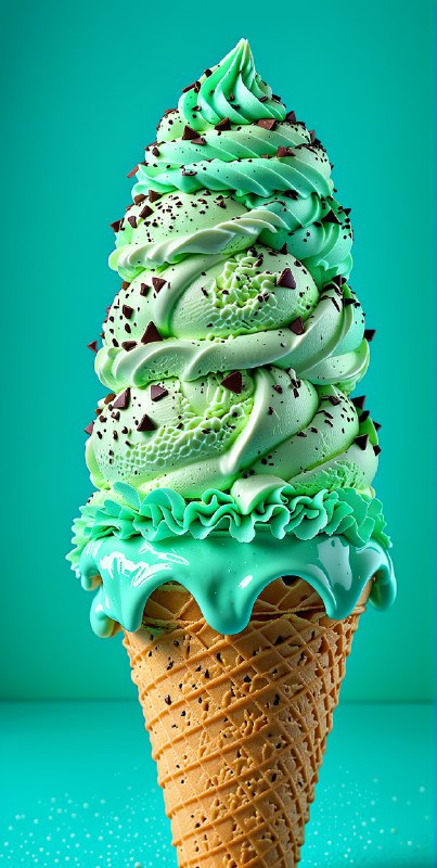 Indulge in this vibrant mint chocolate chip ice cream cone—summer’s playful treat that’s as whimsical as it is mouthwatering!…