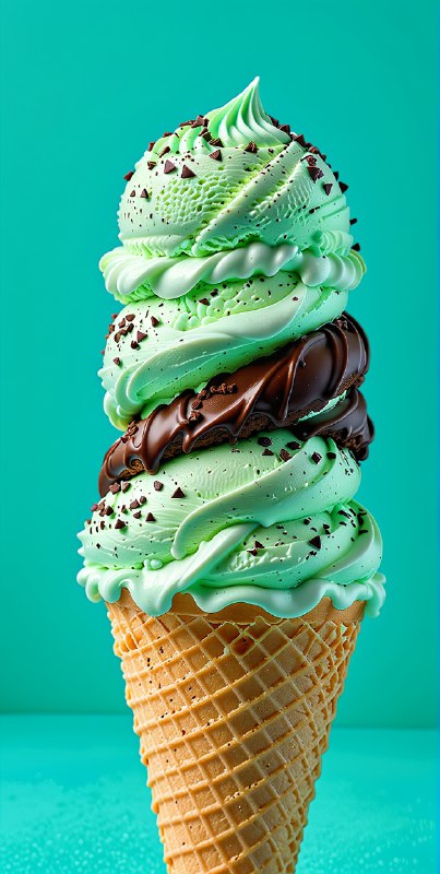 Indulge in this vibrant mint chocolate chip ice cream cone—summer's playful treat that’s as whimsical as it is mouthwatering!...