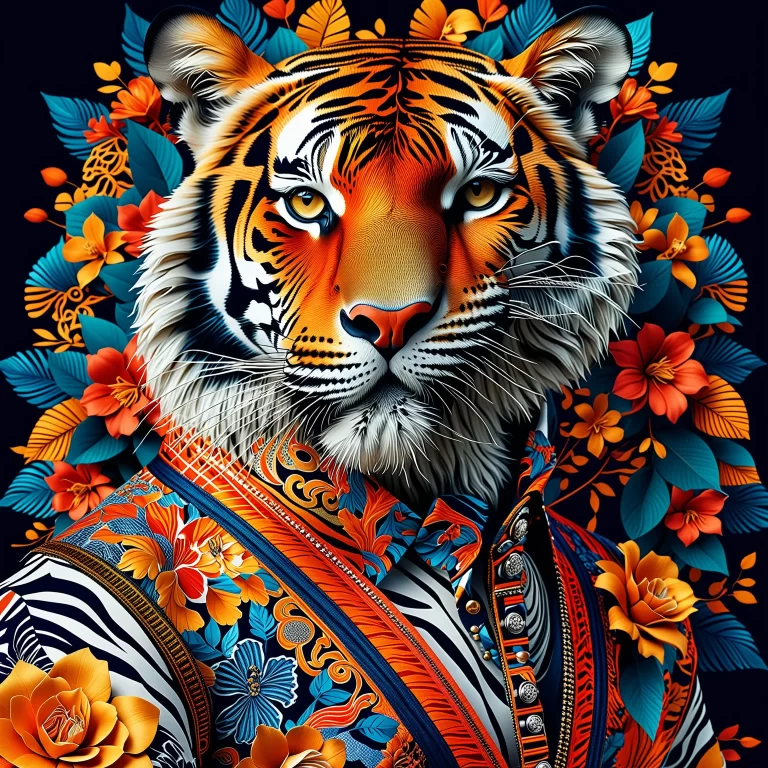 Majestic Tiger Fashion Illustration: Vibrant Patterns & Elegance