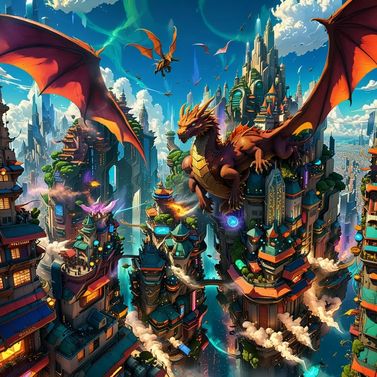 Futuristic City with Mythical Dragon: A Vibrant Digital Masterpiece