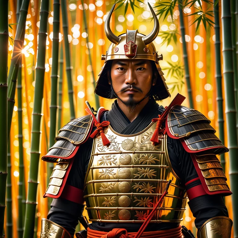 Stunning Samurai Portrait in Golden Bamboo Forest – 8K Photorealism