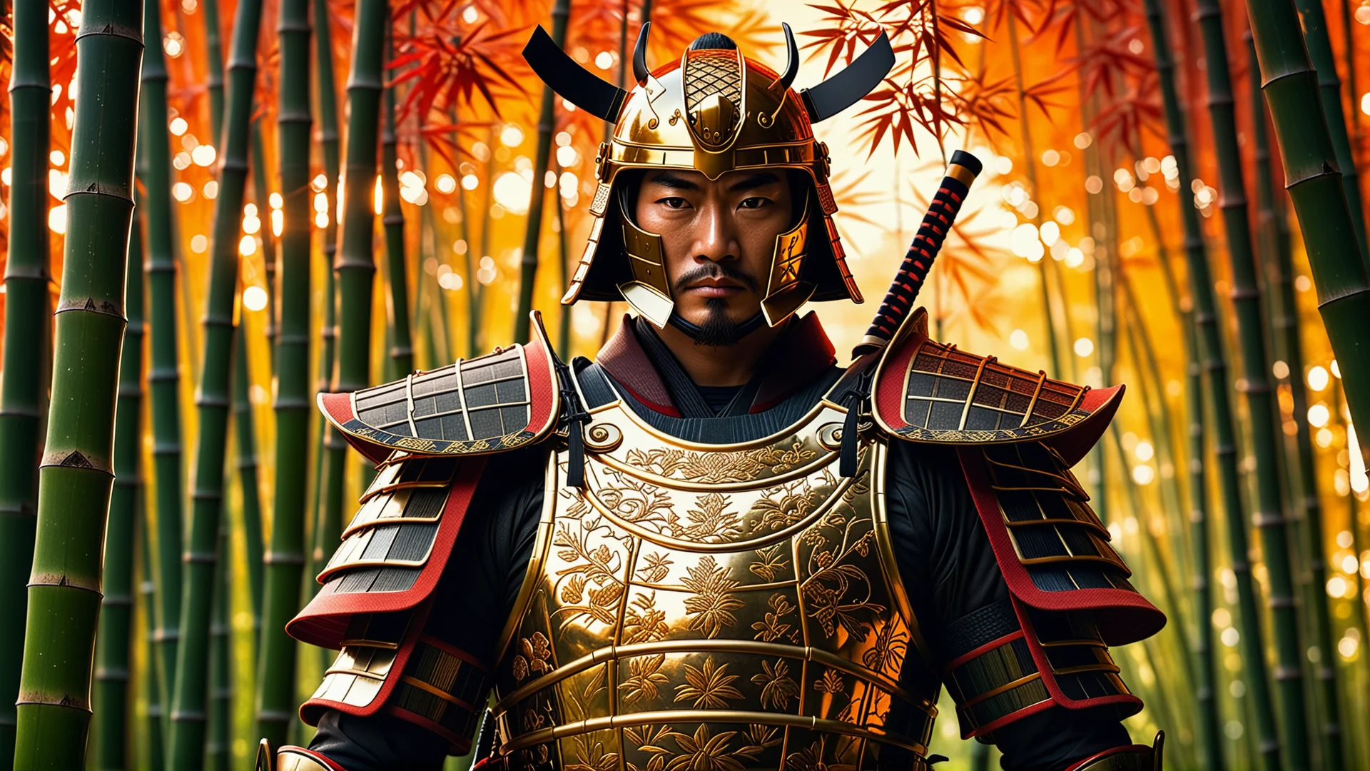 Stunning Samurai Portrait in Golden Bamboo Forest – 8K Photorealism