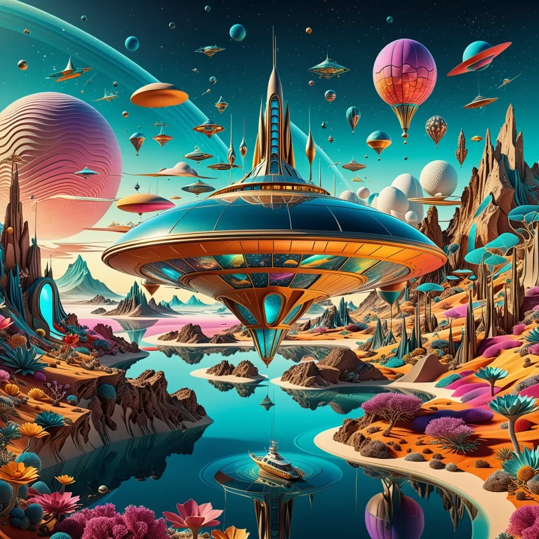 Surreal Futuristic Spaceship Illustrations in Dreamlike Landscapes