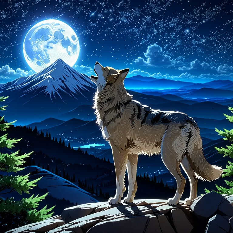 Serene Moonlit Night: Lone Wolf in Enchanting Anime Scene