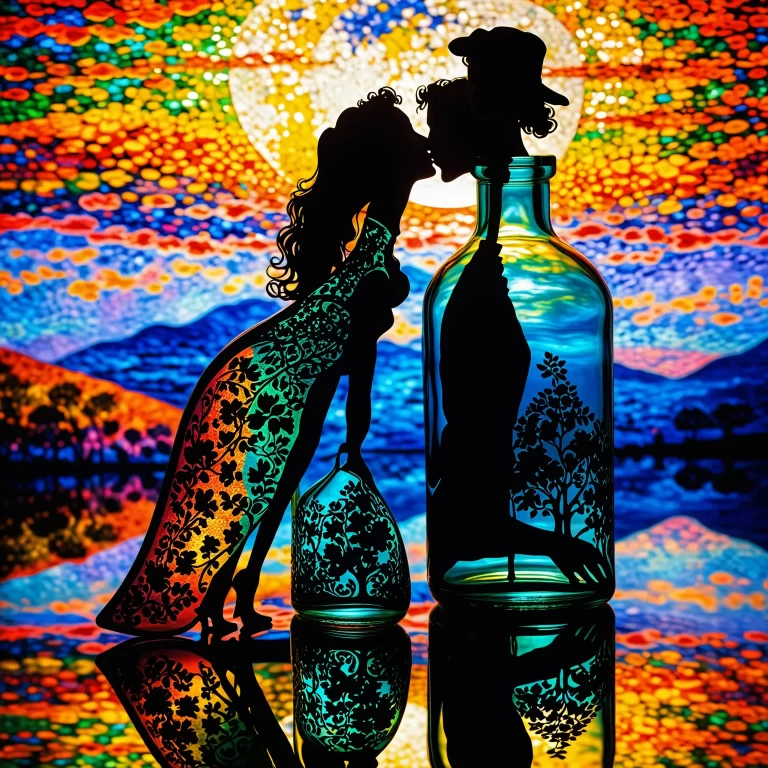 Romantic Silhouette Kissing Reflected in Colorful Glass Art