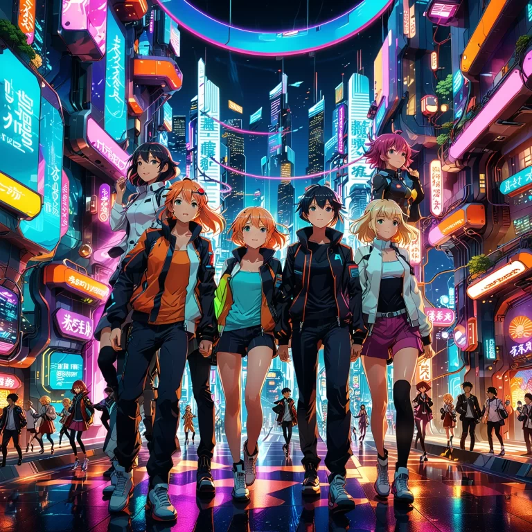 Vibrant Anime Adventure in a Futuristic City with Friends