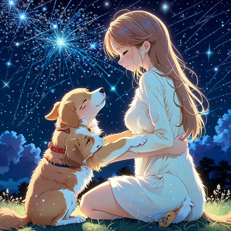 Heartwarming Embrace: Girl and Anime Dog Under Starry Sky