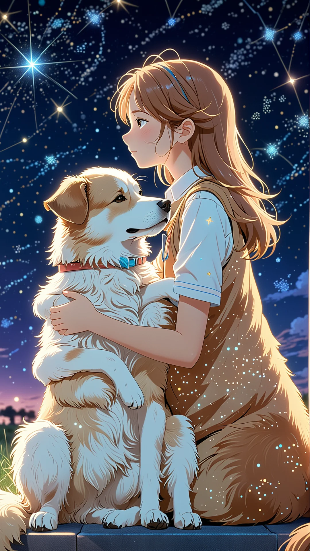 Heartwarming Embrace: Girl and Anime Dog Under Starry Sky