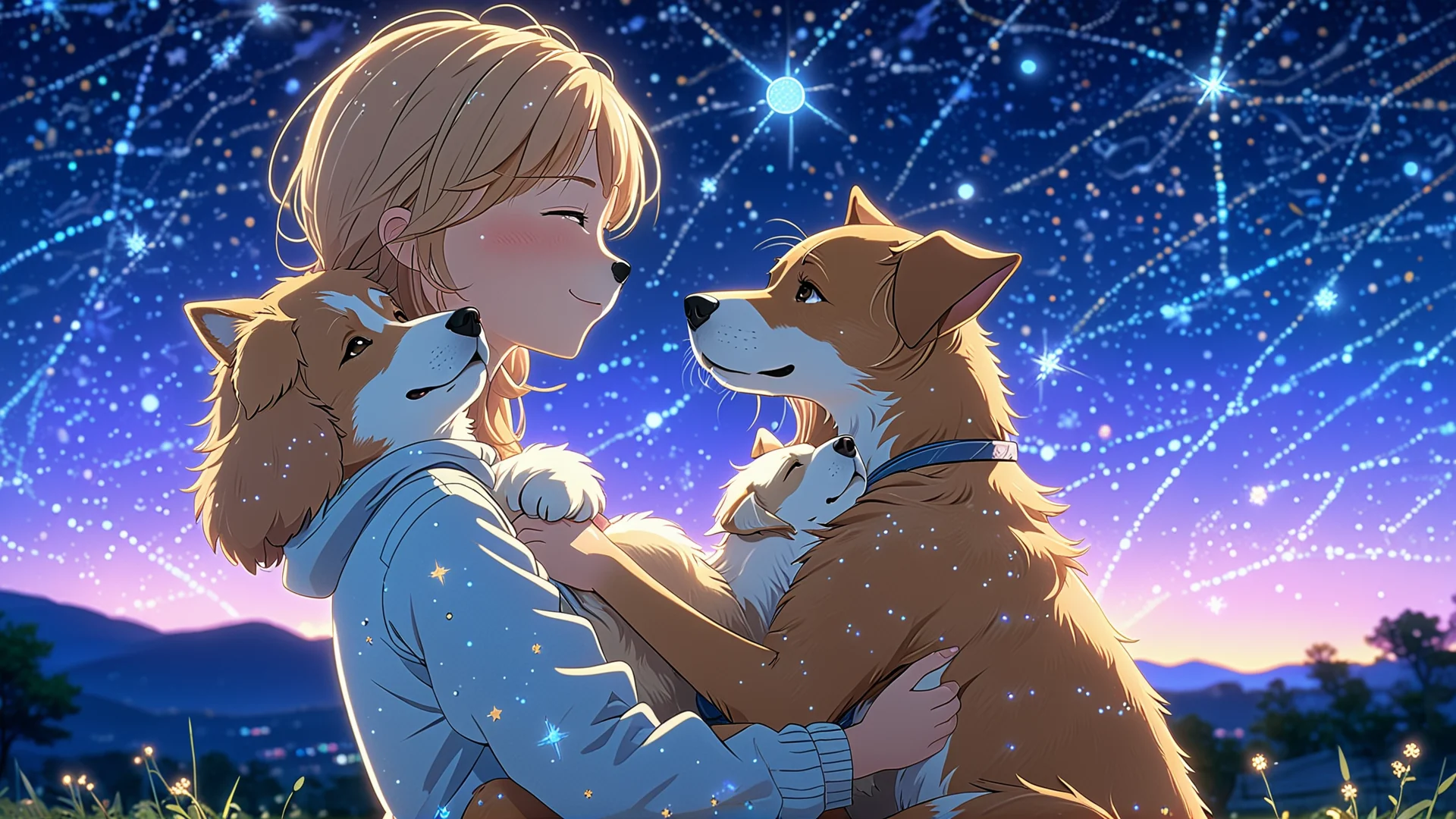 Heartwarming Embrace: Girl and Anime Dog Under Starry Sky