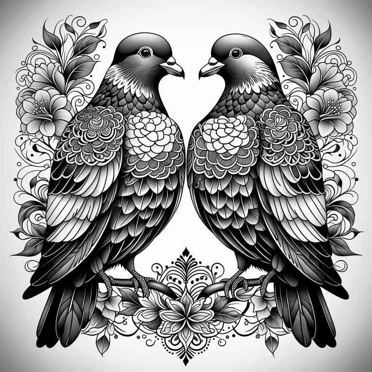 Artistic Tattoo Illustration of Two Pigeons in Hyperrealistic Style