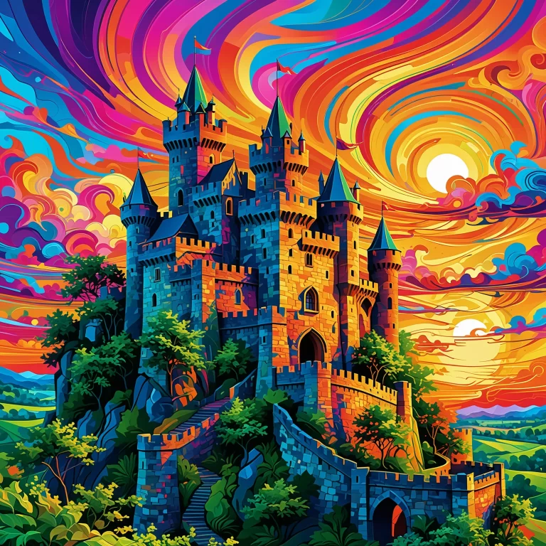 Vibrant Neural Network Art: Abstract Medieval Castle at Sunset