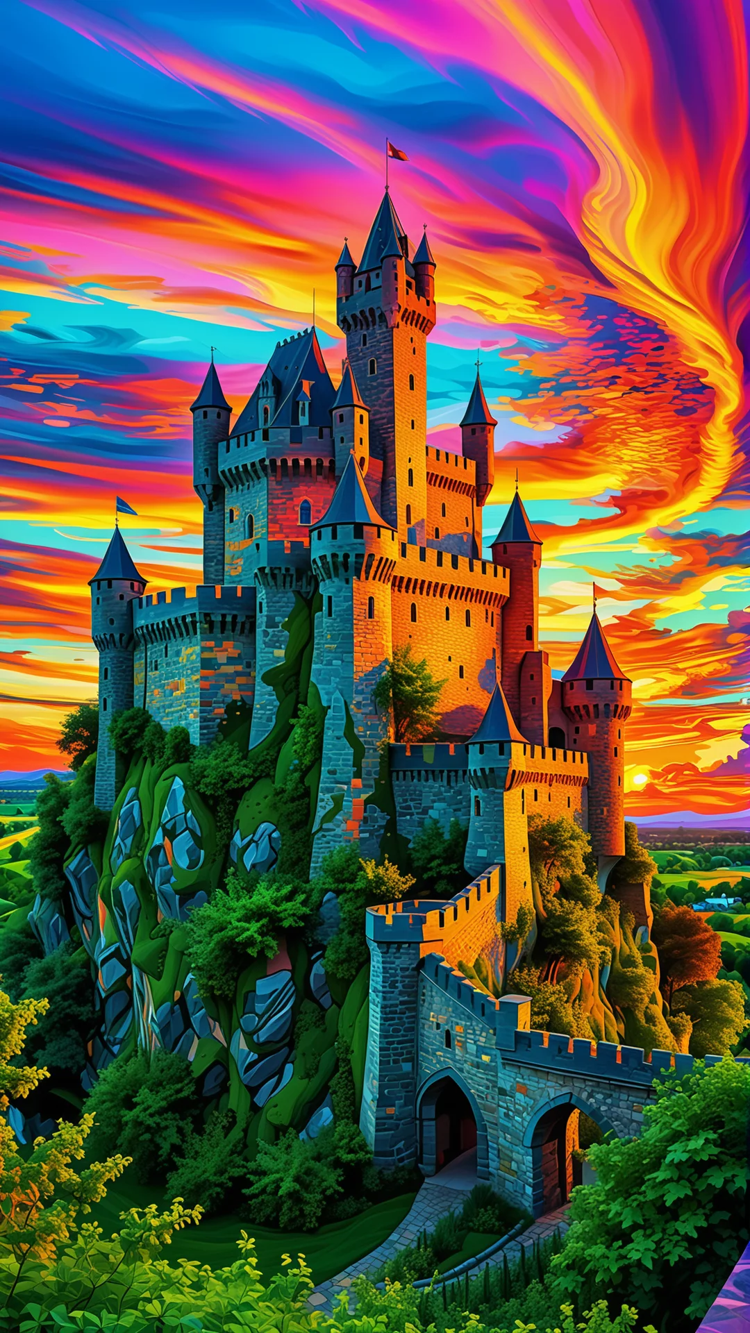 Vibrant Neural Network Art: Abstract Medieval Castle at Sunset