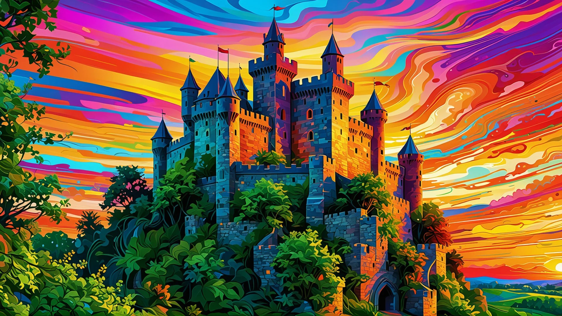 Vibrant Neural Network Art: Abstract Medieval Castle at Sunset