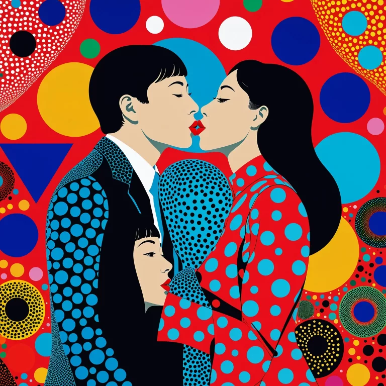 Abstract AI Art: Kissing Figures in Vibrant Geometric Harmony