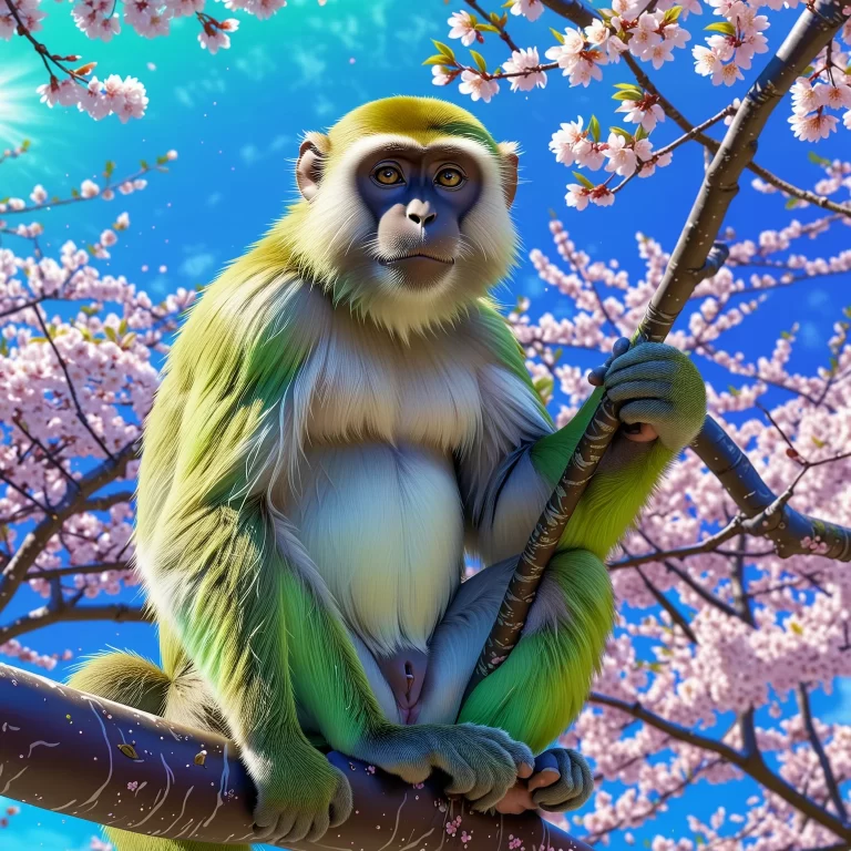 Vibrant Green Monkey in Anime Style Surrounded by Cherry Blossoms