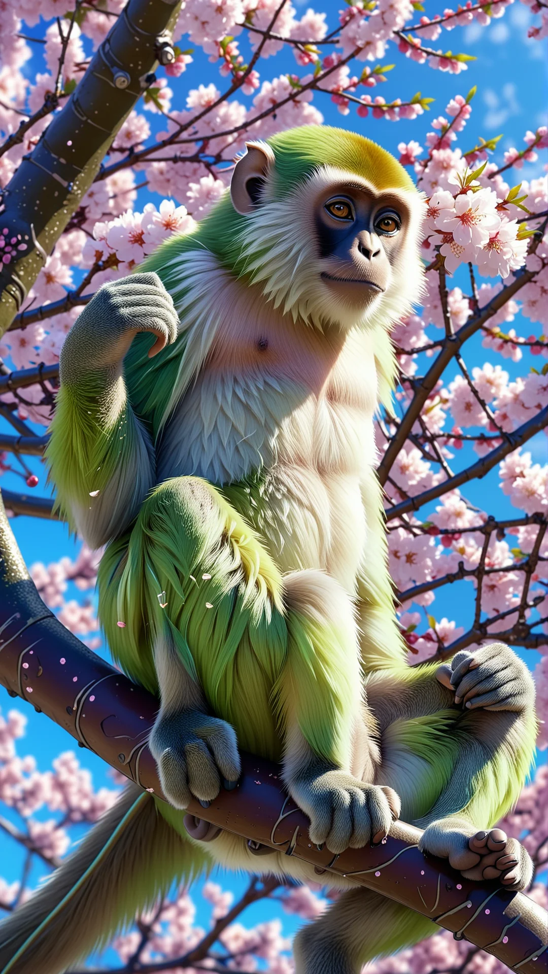 Vibrant Green Monkey in Anime Style Surrounded by Cherry Blossoms