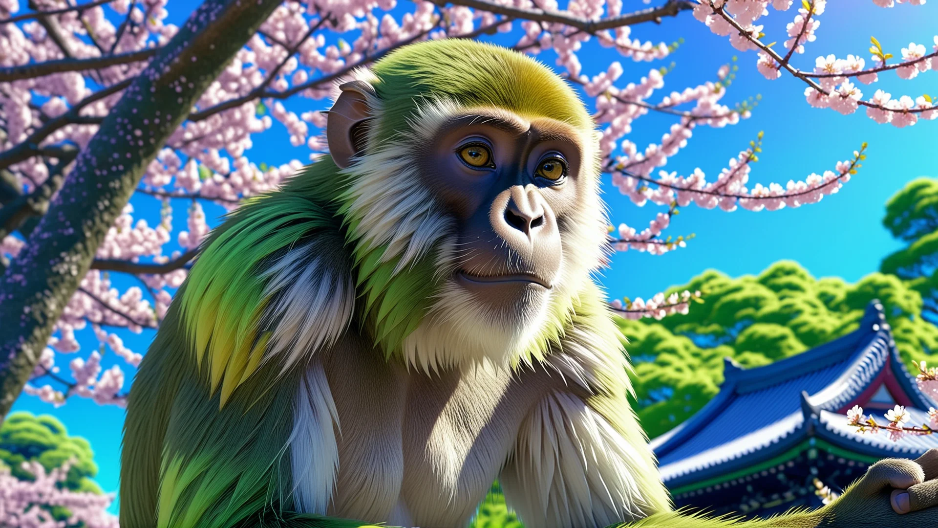 Vibrant Green Monkey in Anime Style Surrounded by Cherry Blossoms