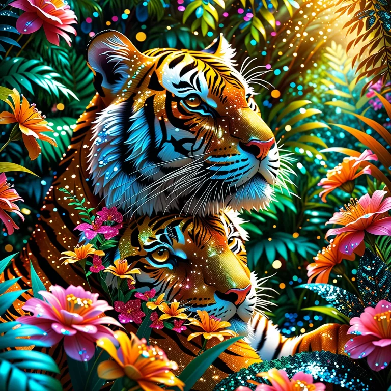 Enchanting Glittering Tiger in a Vibrant Jungle Fantasy