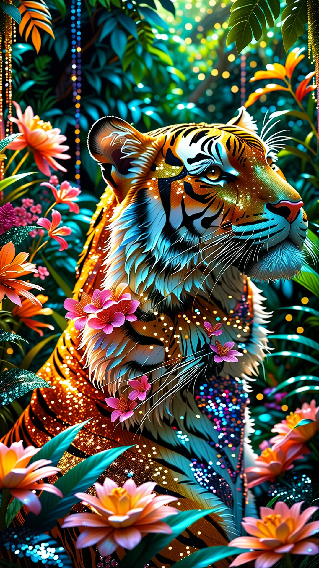 Enchanting Glittering Tiger in a Vibrant Jungle Fantasy