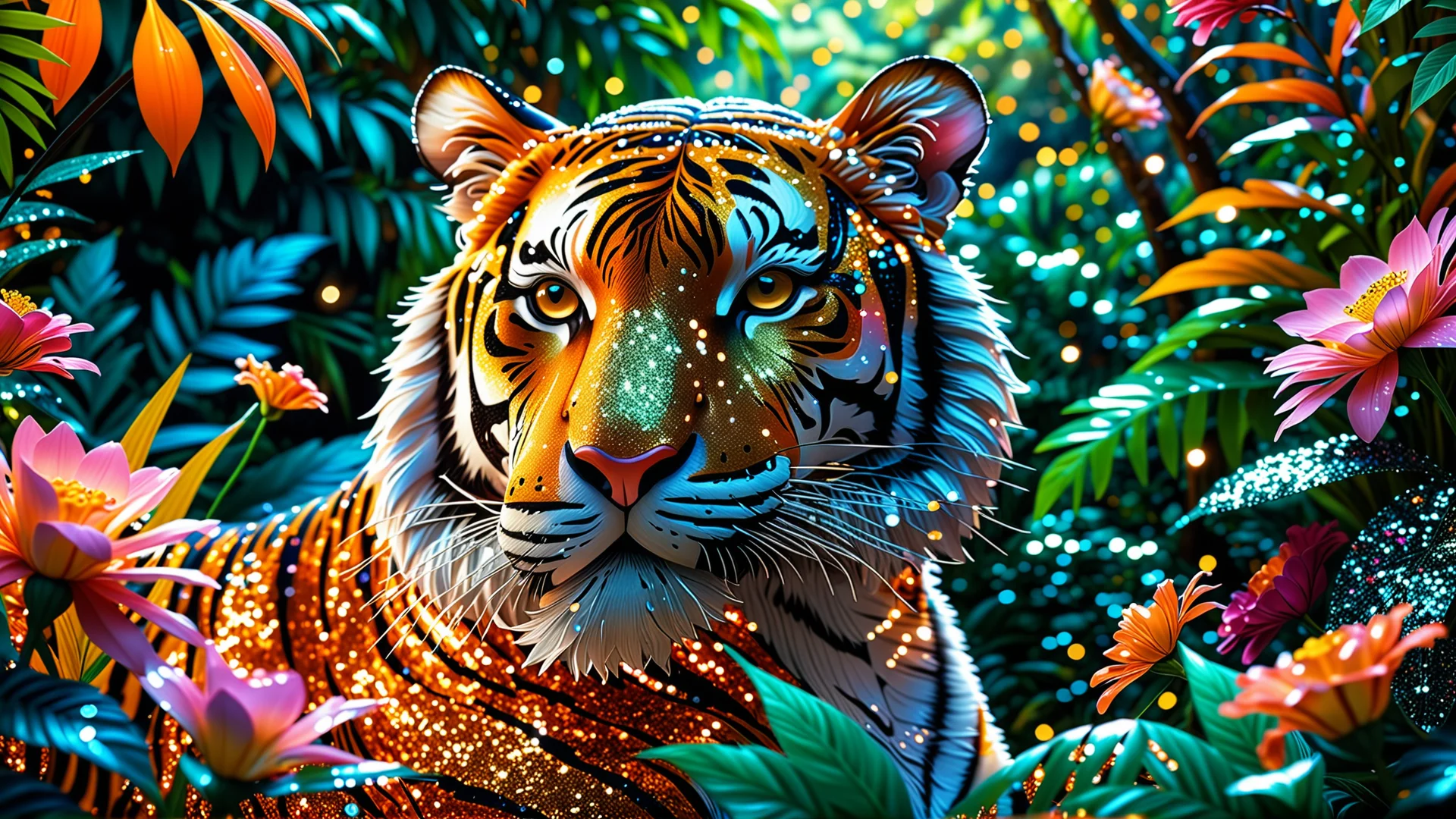 Enchanting Glittering Tiger in a Vibrant Jungle Fantasy