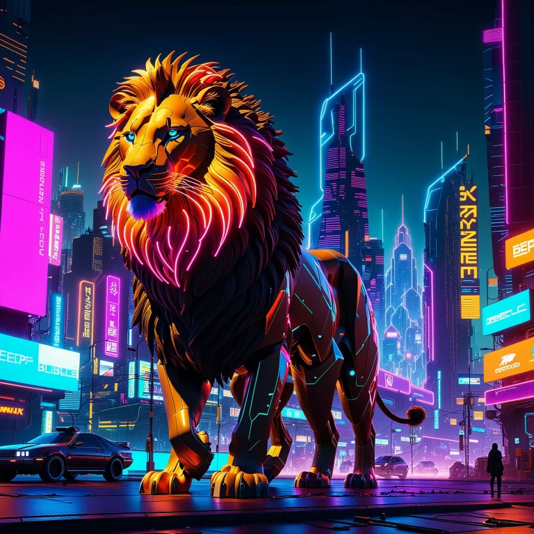 Futuristic Cyberpunk Lion: Neon Artistry & High-Detail Composition