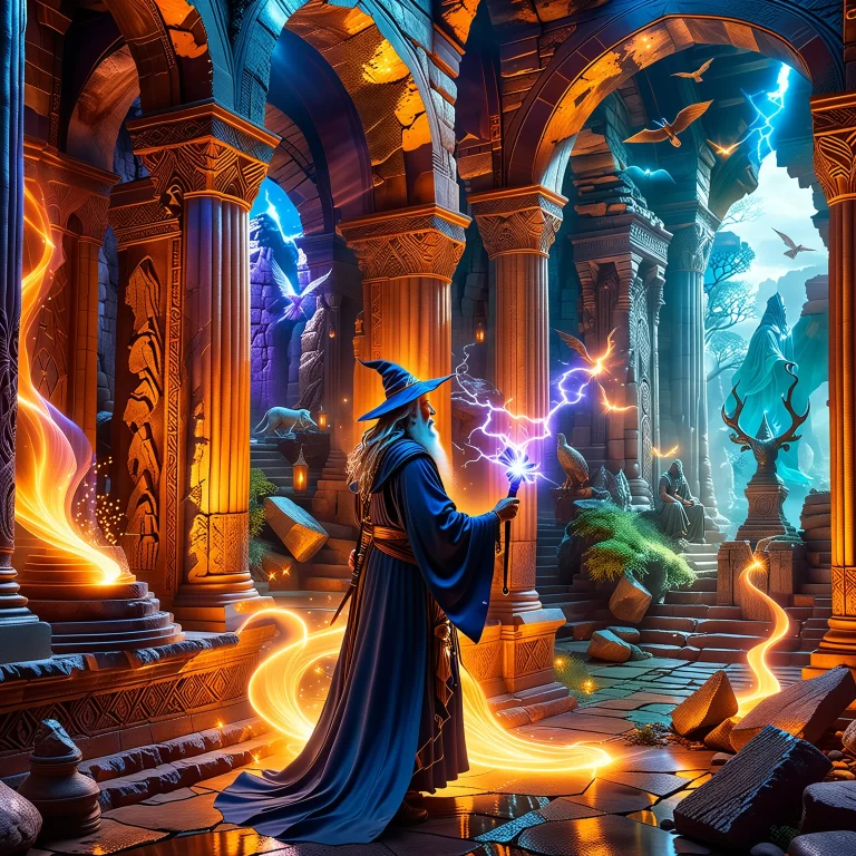 Majestic Wizard Conjuring Magic in a Fantasy Realm of Enchantment