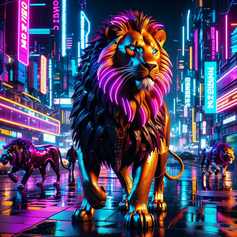 Futuristic Neon Cyberpunk Lion Art in a Vibrant Cityscape