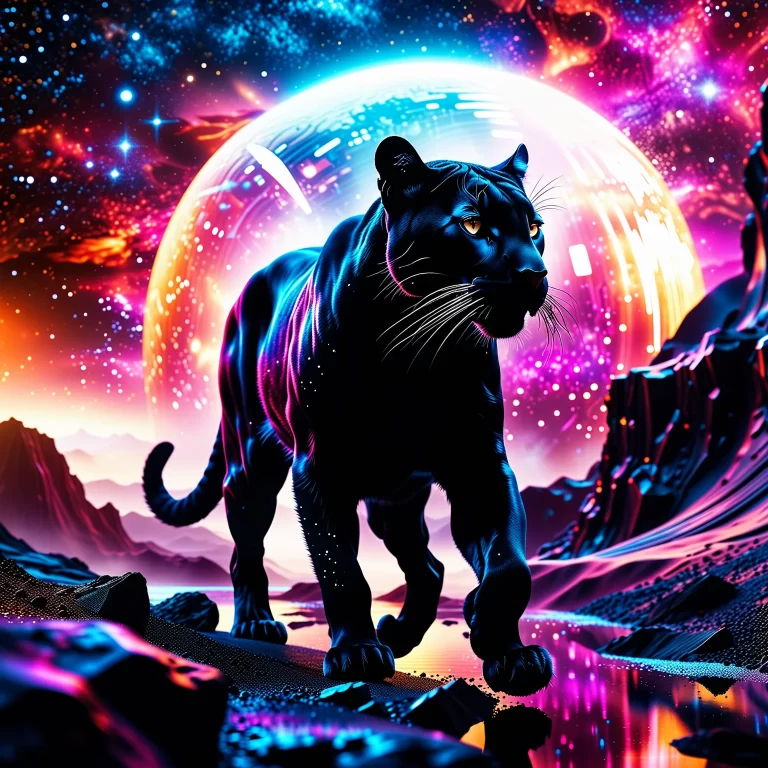 Majestic Black Cougar in a Cosmic Surreal Space Landscape