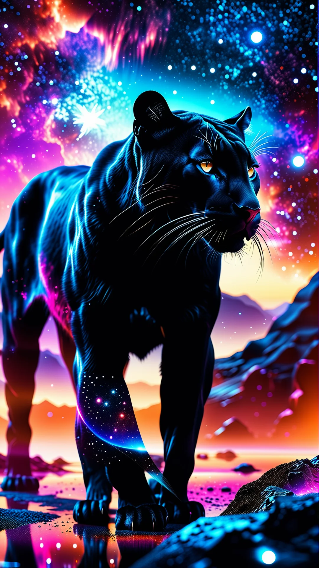 Majestic Black Cougar in a Cosmic Surreal Space Landscape