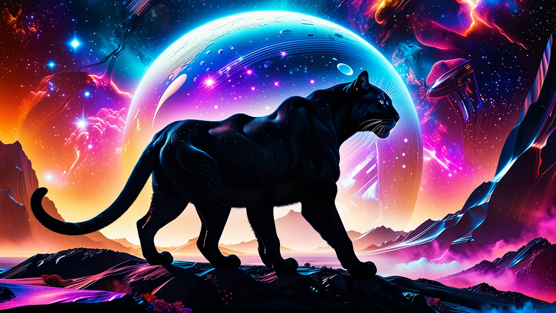 Majestic Black Cougar in a Cosmic Surreal Space Landscape