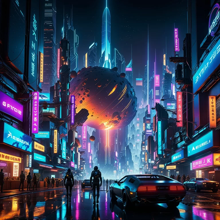 Futuristic Cyberpunk Cityscape: Asteroid Chaos Under Neon Lights