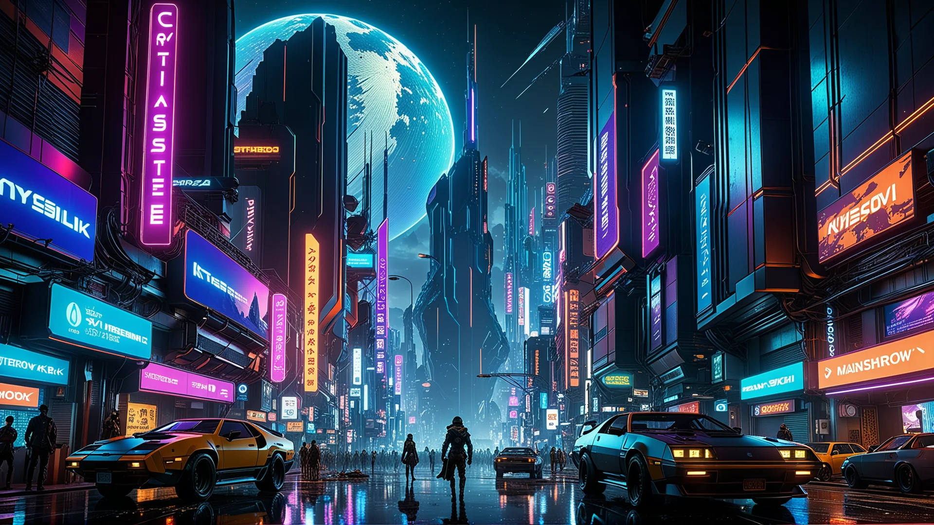 Futuristic Cyberpunk Cityscape: Asteroid Chaos Under Neon Lights