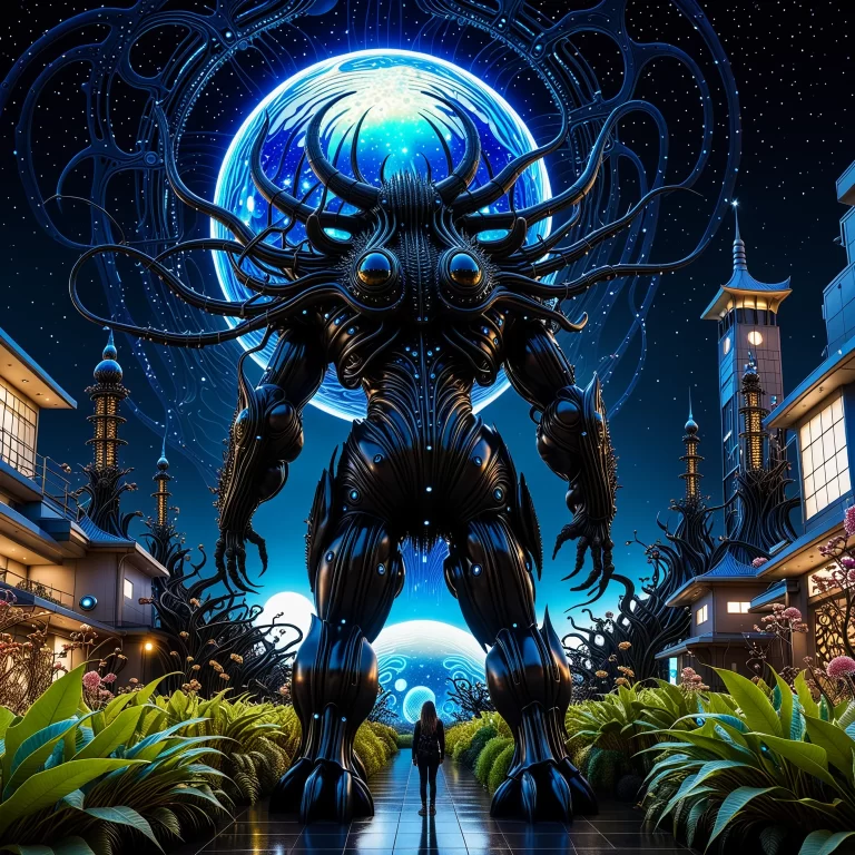 Fierce Guardian Monster in Futuristic Bioluminescent Landscape