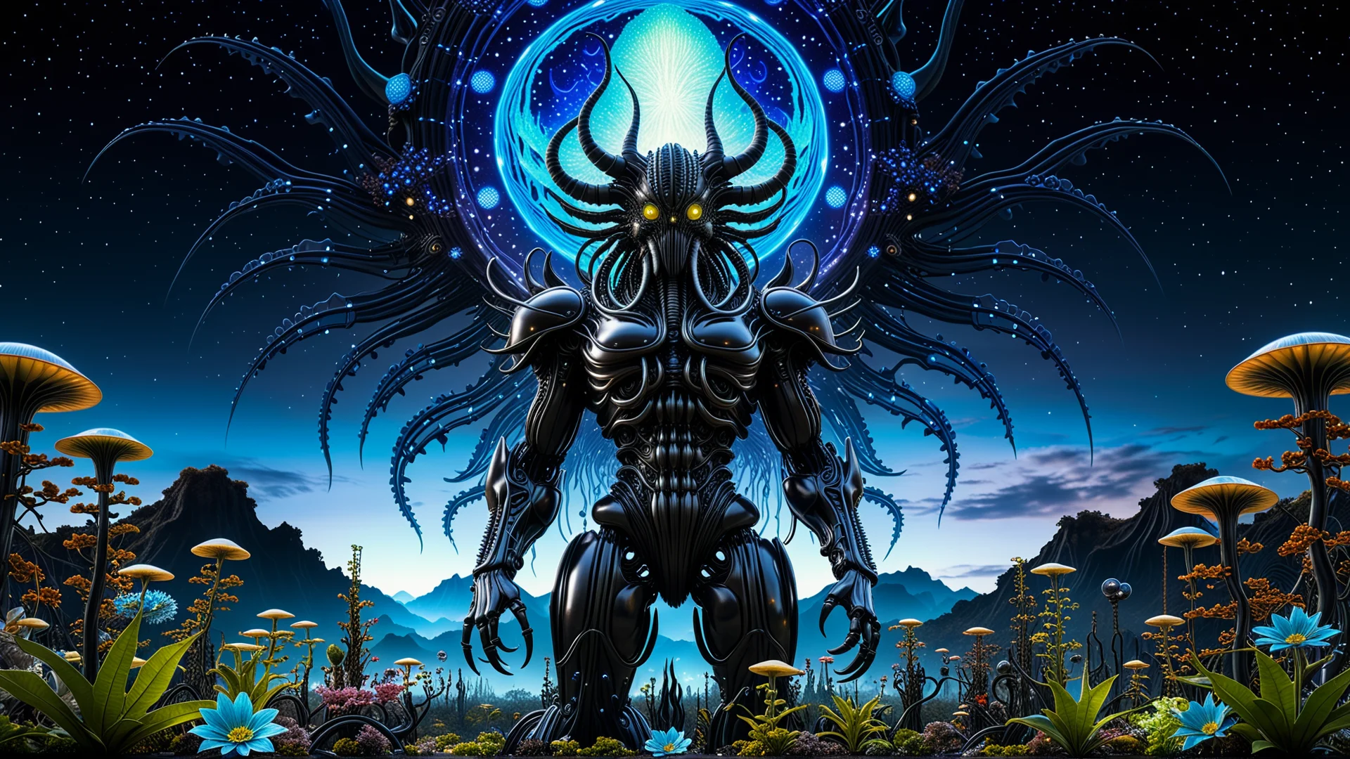 Fierce Guardian Monster in Futuristic Bioluminescent Landscape