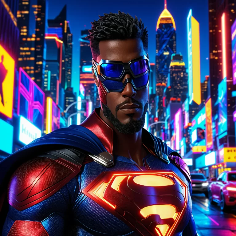 Vibrant Superhero Portrait in Futuristic Neon Cityscape