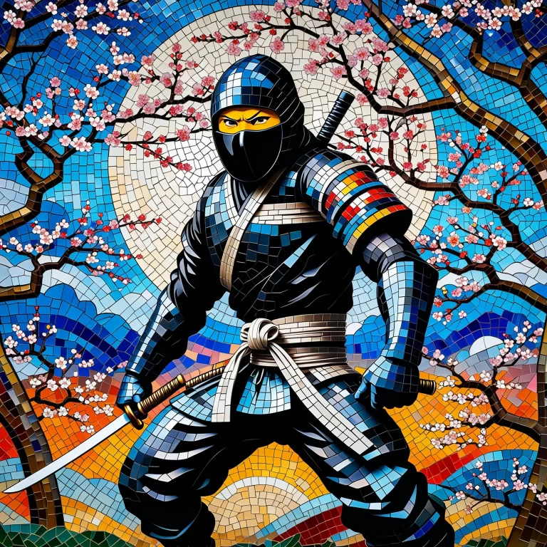 Vibrant Ninja Art in Glass Mosaic Style with Cherry Blossoms