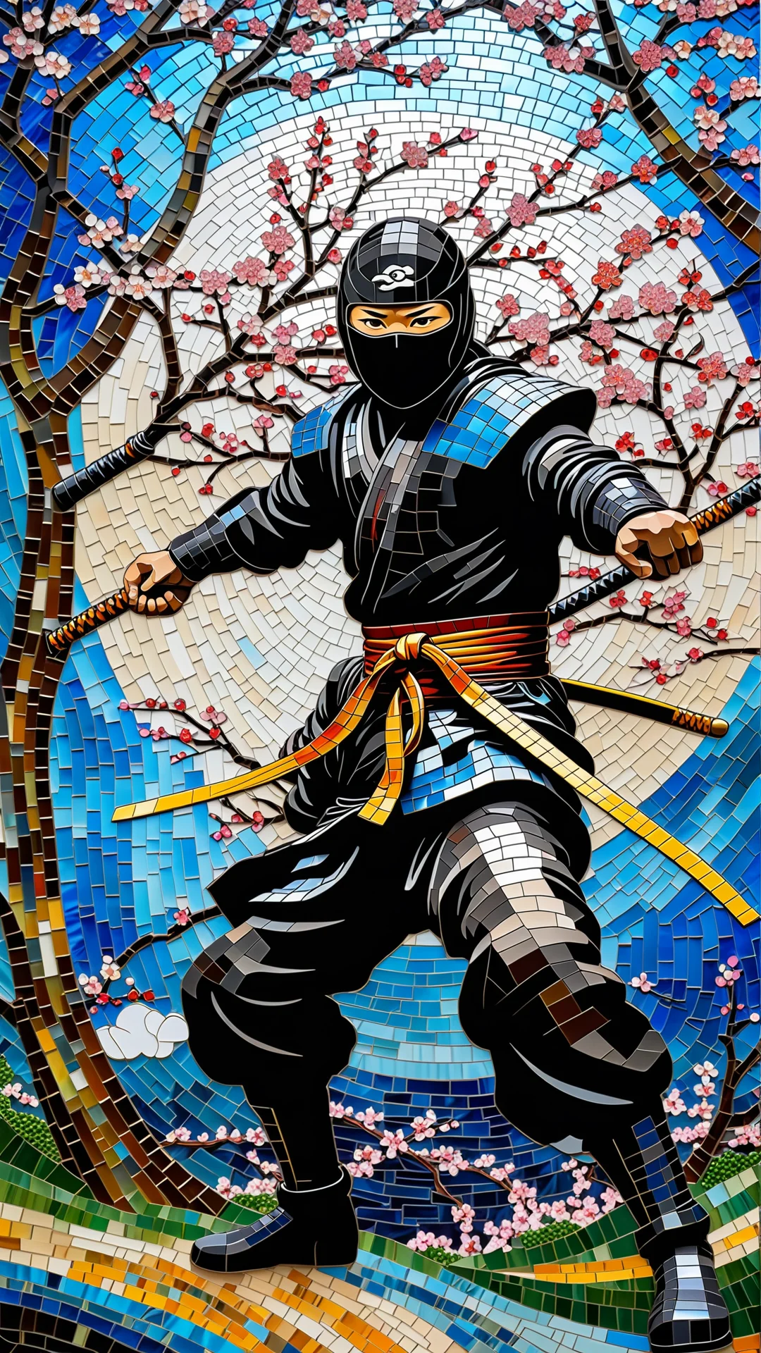 Vibrant Ninja Art in Glass Mosaic Style with Cherry Blossoms