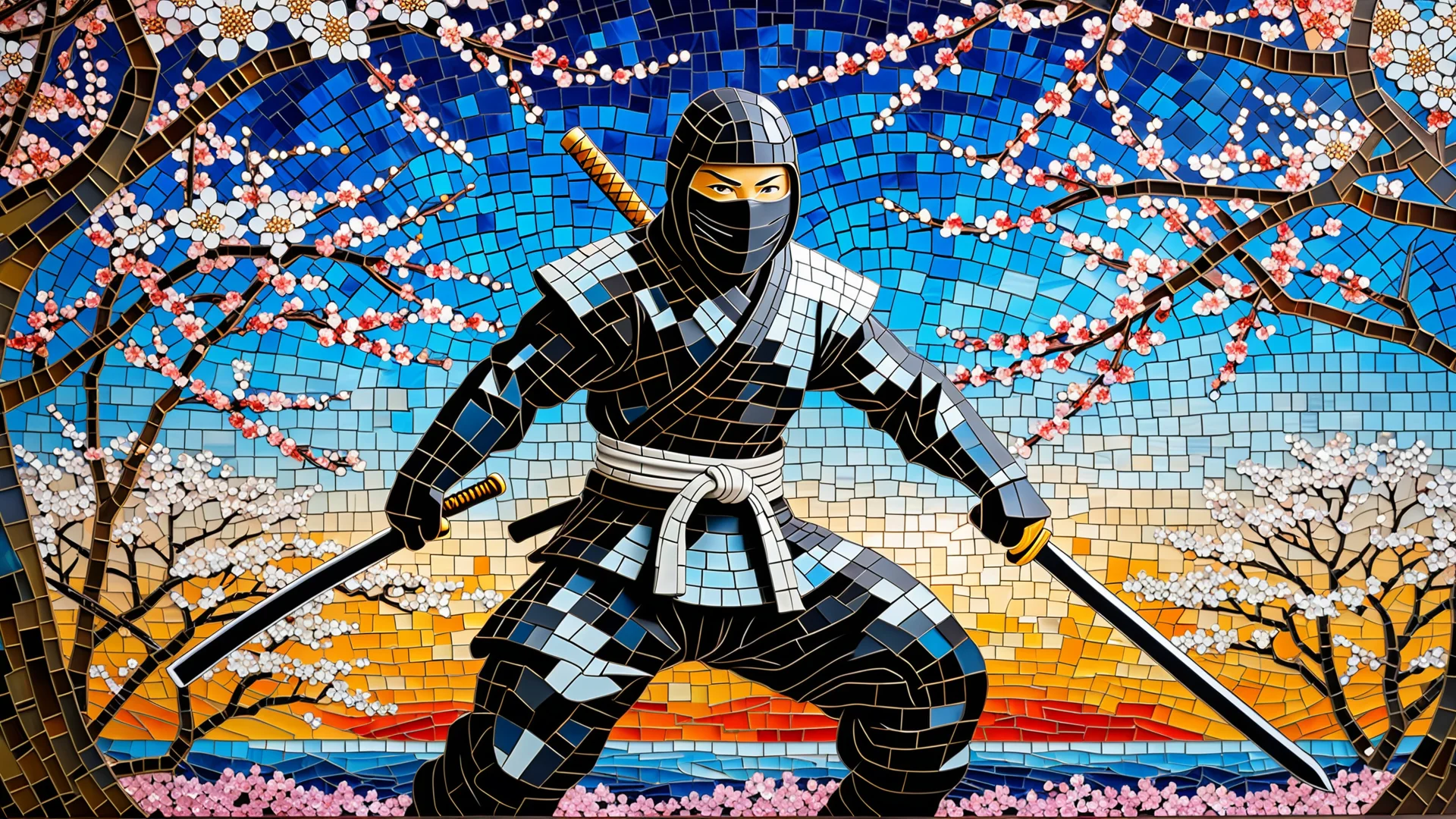 Vibrant Ninja Art in Glass Mosaic Style with Cherry Blossoms