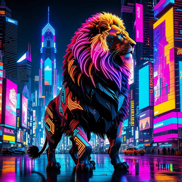 Majestic Cyberpunk Lion in a Futuristic Cityscape – Photorealistic Art