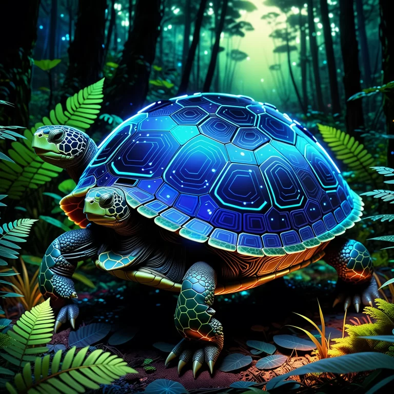 Futuristic AI Guardian Turtle in a Bioluminescent Forest Art