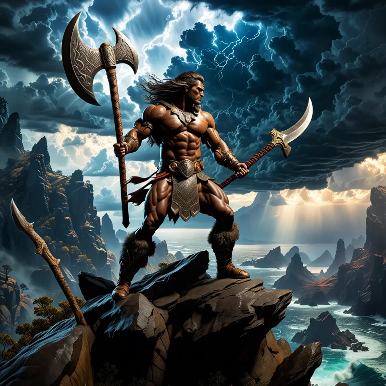 Epic Warrior on Cliff with Axe: Mythical Fantasy Artwork