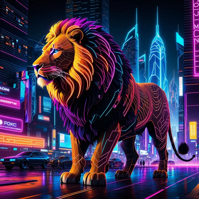 Intricate Neon Cyberpunk Lion in a Futuristic Cityscape