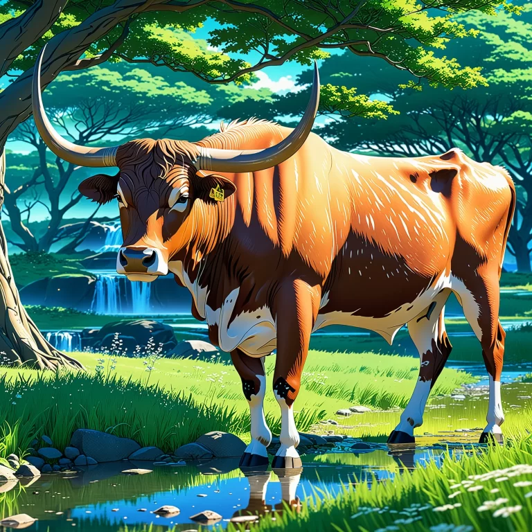 Anime-Style Bos Taurus Artwork in a Serene Landscape