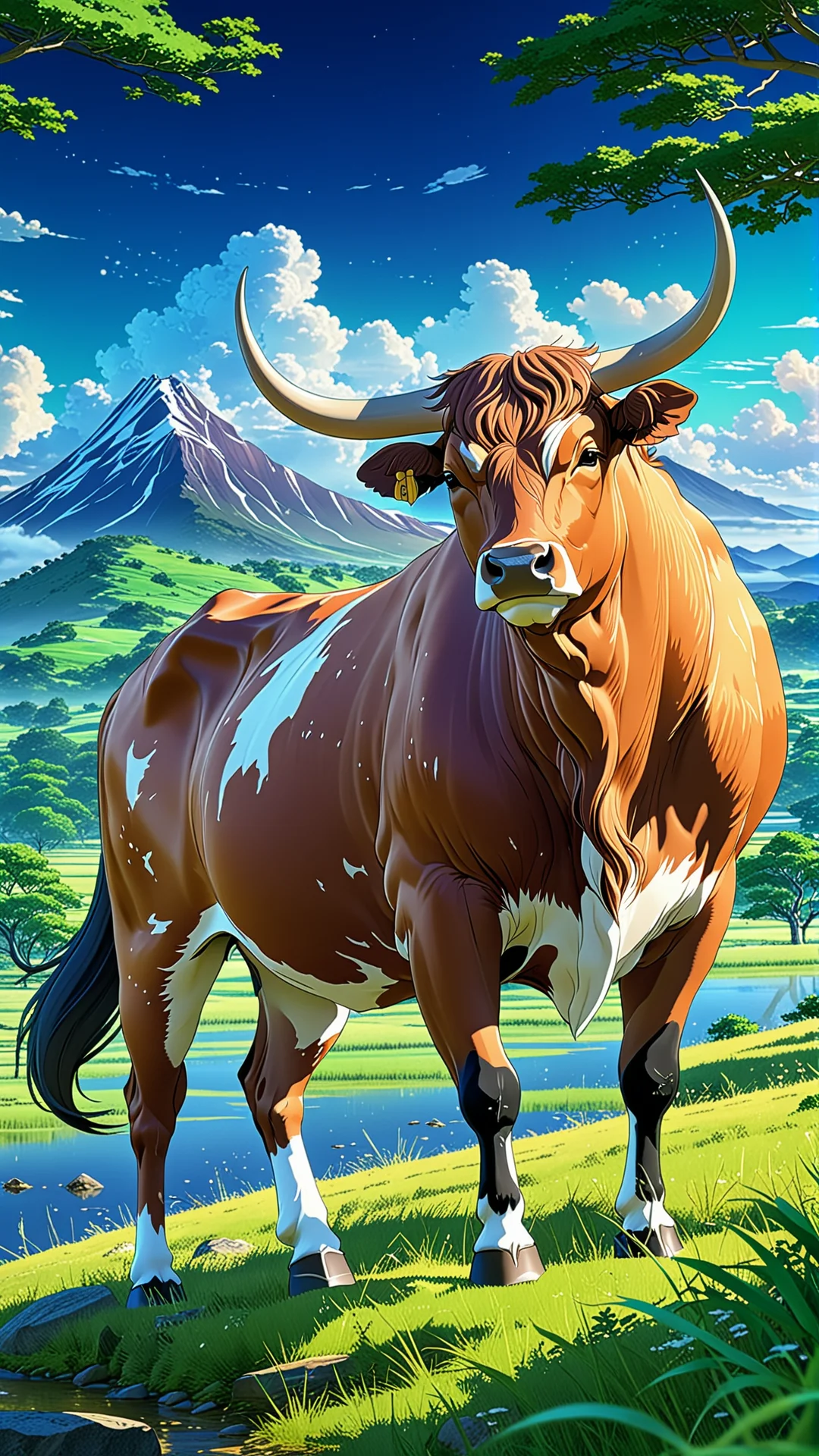 Anime-Style Bos Taurus Artwork in a Serene Landscape