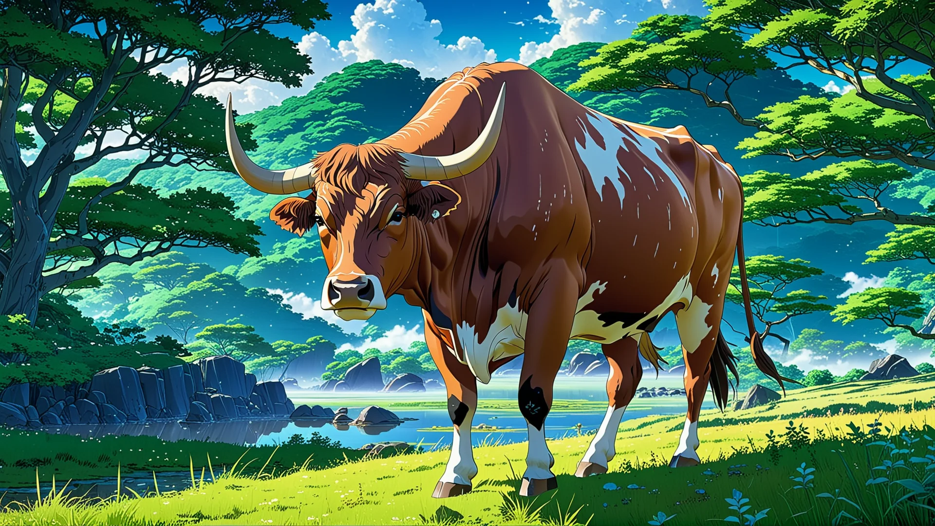 Anime-Style Bos Taurus Artwork in a Serene Landscape