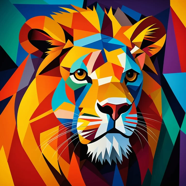 Abstract Cubist Lion Art: Vibrant Colors & Geometric Majesty