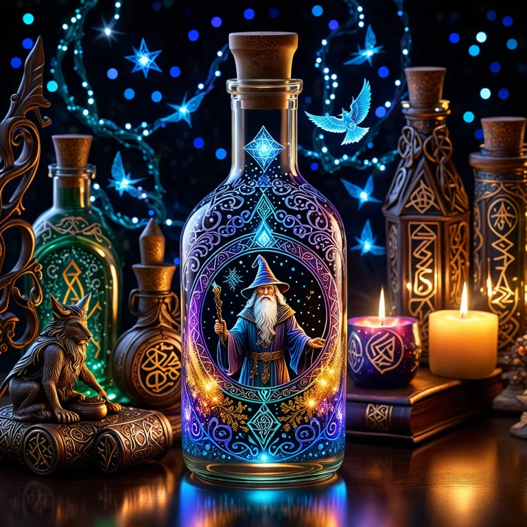 Enchanting AI Art: Mystical Wizard Glass Bottle with Spellbinding Details