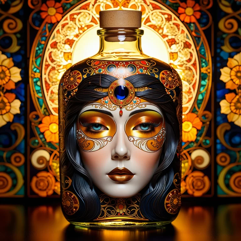 Intricate Villainous Glass Bottle Art Inspired by Klimt & Mucha