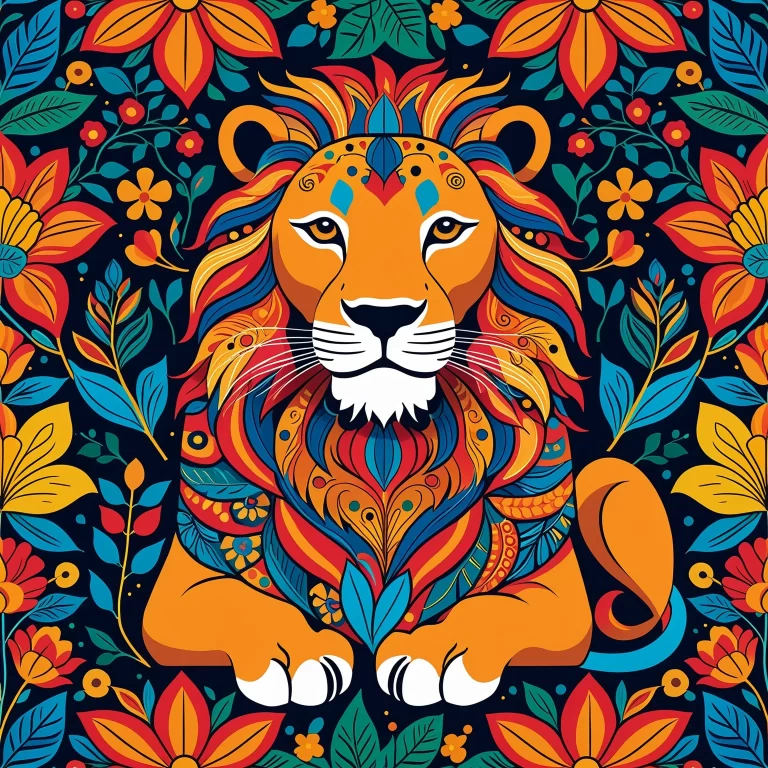 Majestic Folk Art Lion Illustration: Strength and Wisdom in Color