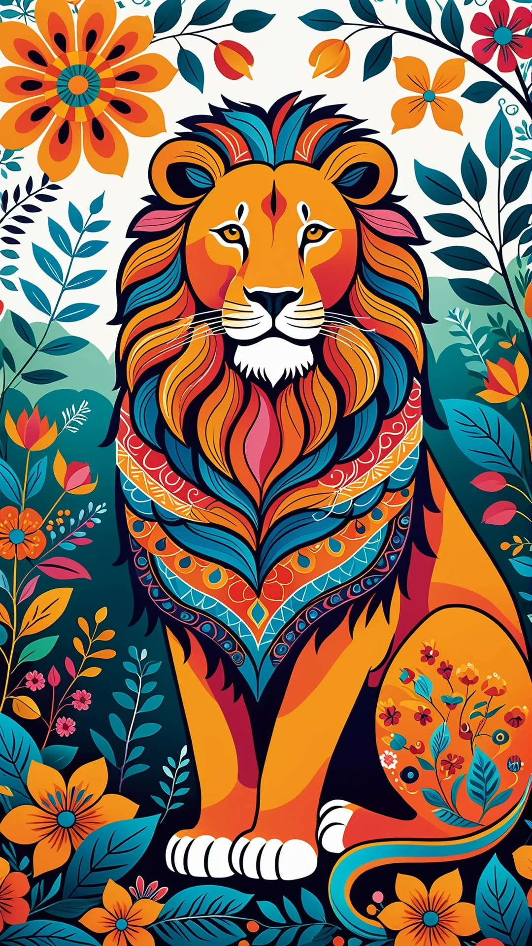 Majestic Folk Art Lion Illustration: Strength and Wisdom in Color